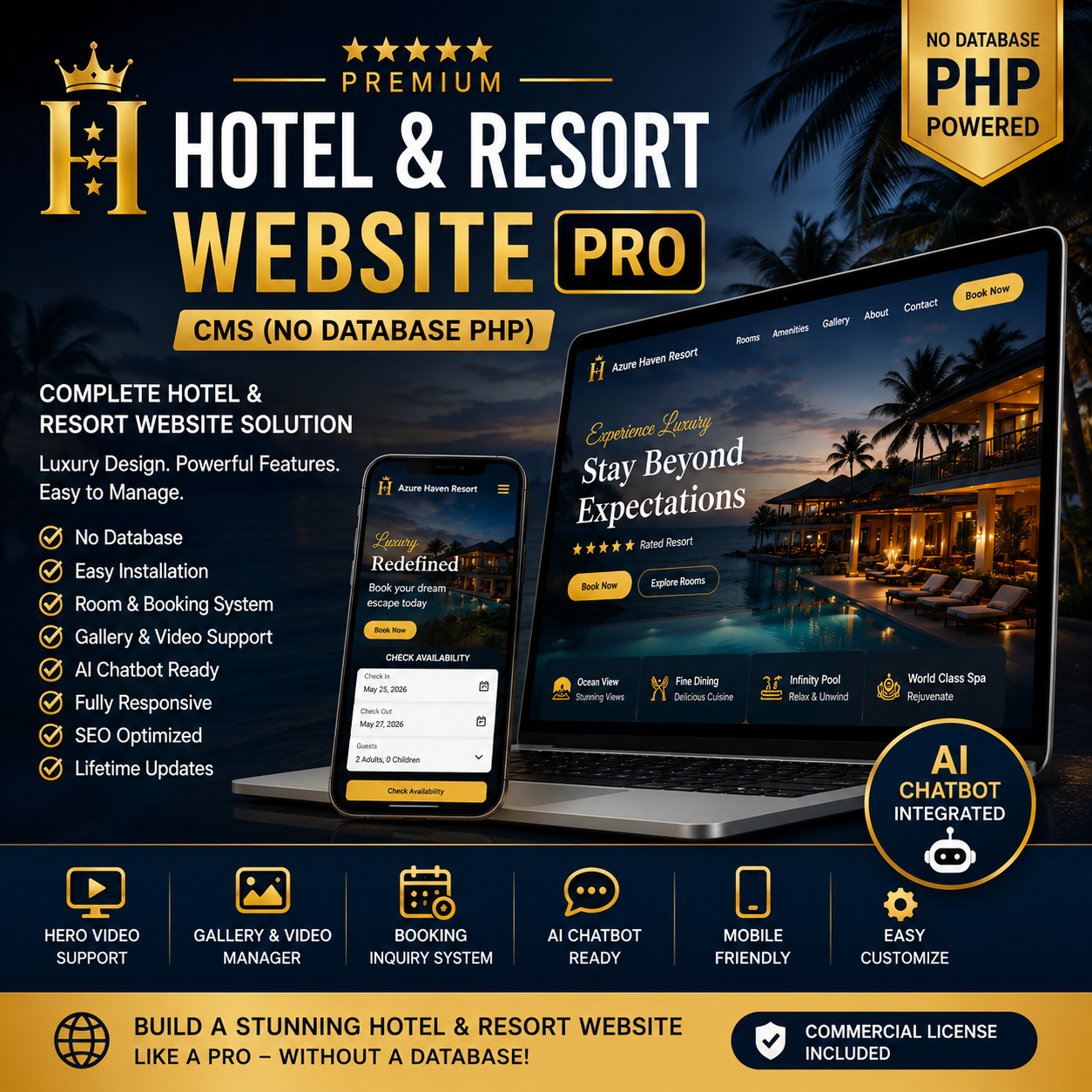 Hotel & Resort Website PRO CMS (No Database PHP)